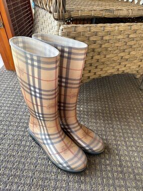 Burberry Beige Plaid Tall Rain Boots with Black Trim
